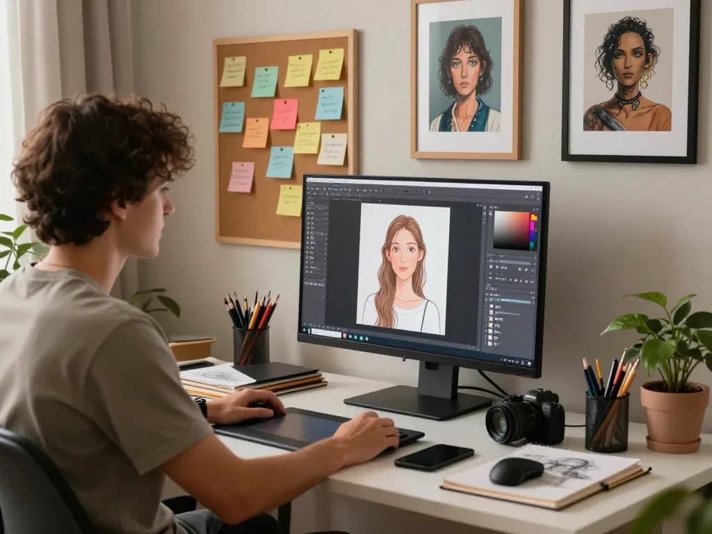 Creative artist using NSFW AI tools in a vibrant digital workspace, showcasing artistic process and environment.