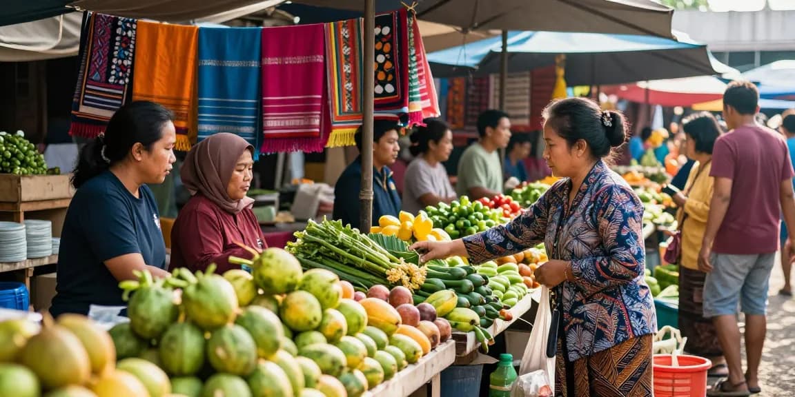 Pasar lokal di Indonesia dengan aktivitas transaksi dan Leci123 Login di layar smartphone.