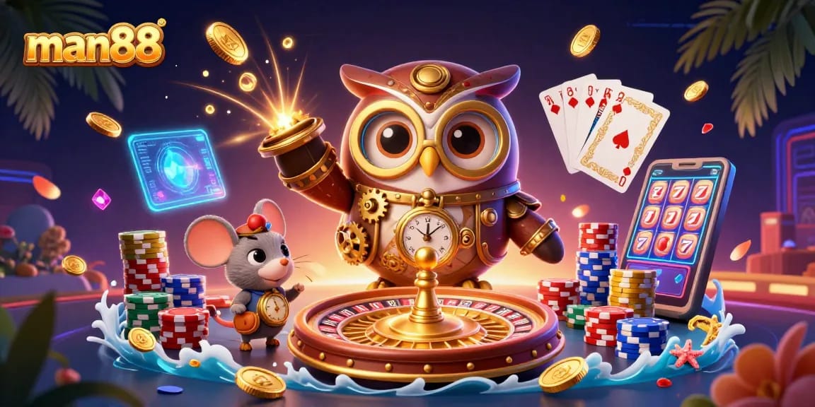 Experience thrilling gambling adventures with man88 in this dynamic casino illustration.
