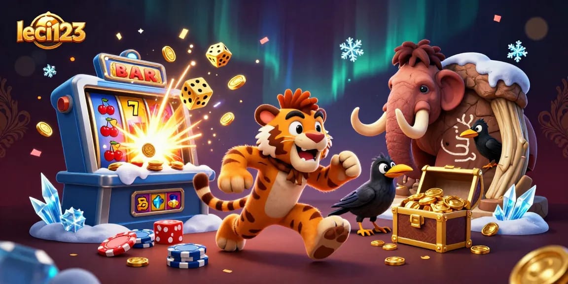 Experience leci123's exciting gameplay with unique characters in a vibrant prehistoric casino scene.