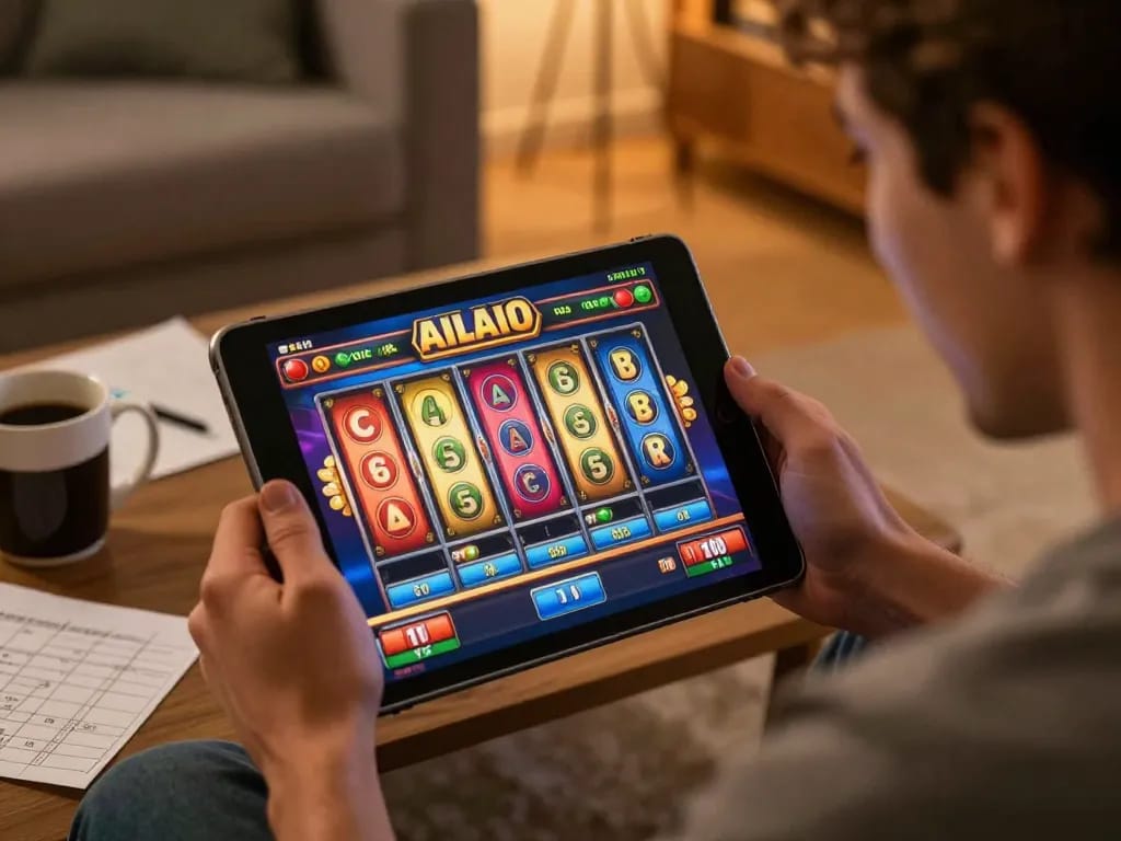 Player enjoying KEONG178 slot games on a tablet in a cozy home setting, showcasing thrilling gameplay.