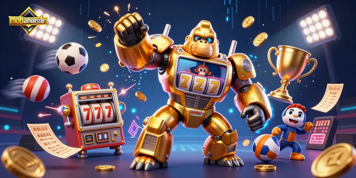 Engage with mobamonster through dynamic gaming action featuring a mech gorilla and sports elements.