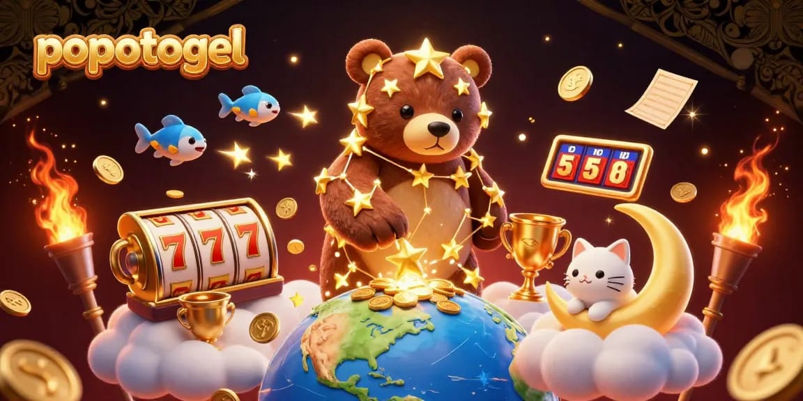 popotogel showcases an engaging 3D casino scene featuring constellation bear and slot reels.