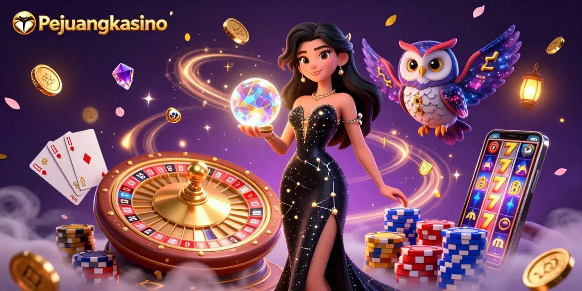 Rasakan kemenangan mendebarkan di Pejuangkasino dengan ilustrasi 3D yang cerah dari permainan kasino dan karakter mistis.
