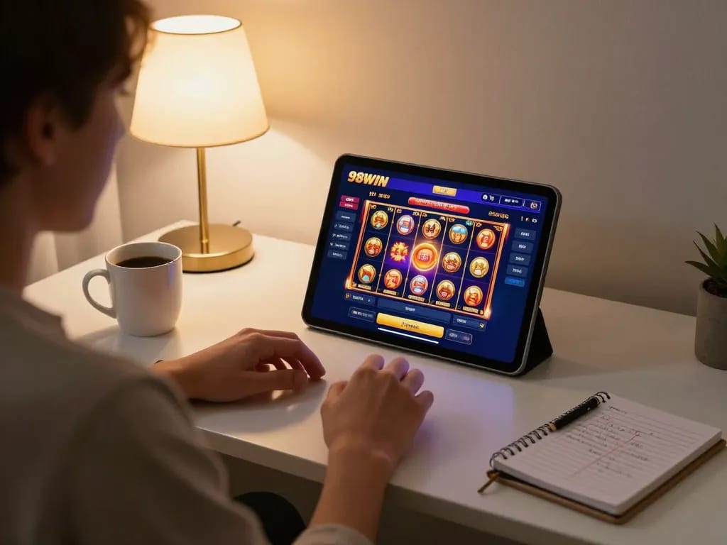 Engaging with 98WIN's online casino interface on a tablet in a cozy home setting.