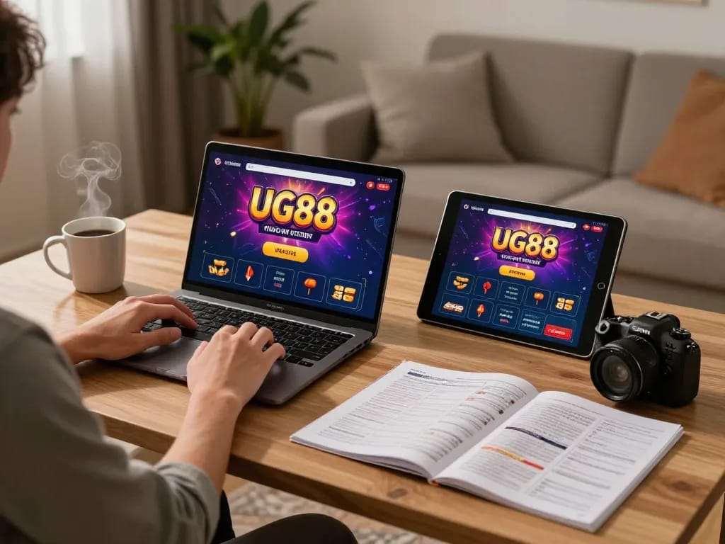 Engaging with UG88's online casino app in a cozy home setting to strategize gaming.