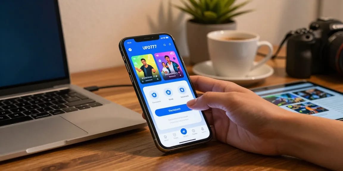 Antarmuka aplikasi UFO777 di smartphone dengan fitur login dan jadwal pertandingan yang aman.