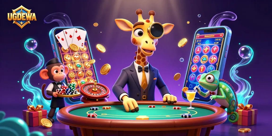 Experience the excitement of UGDEWA with vibrant 3D cartoon characters interacting at a casino table.