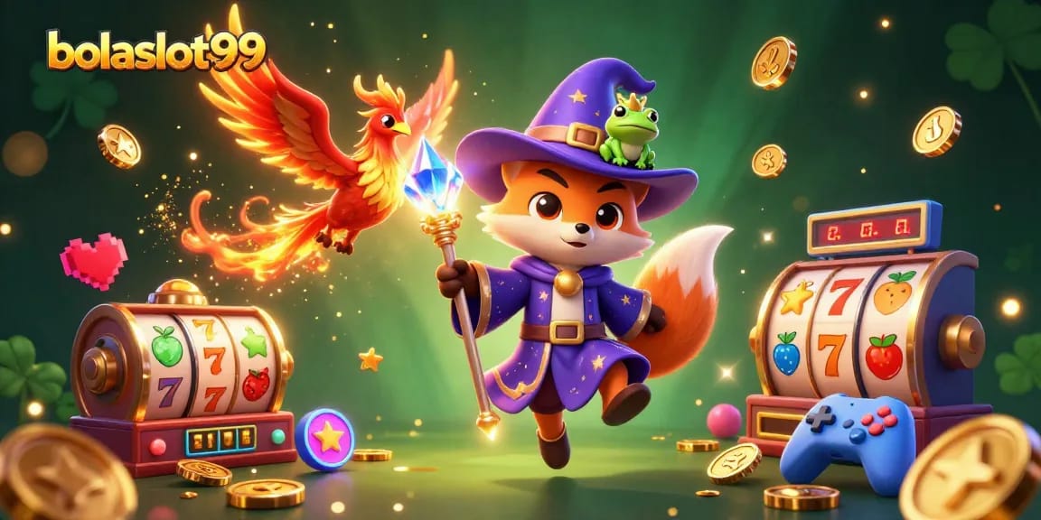 Engage with bolaslot99 in this vibrant 3D casino scene featuring slots and magical characters.