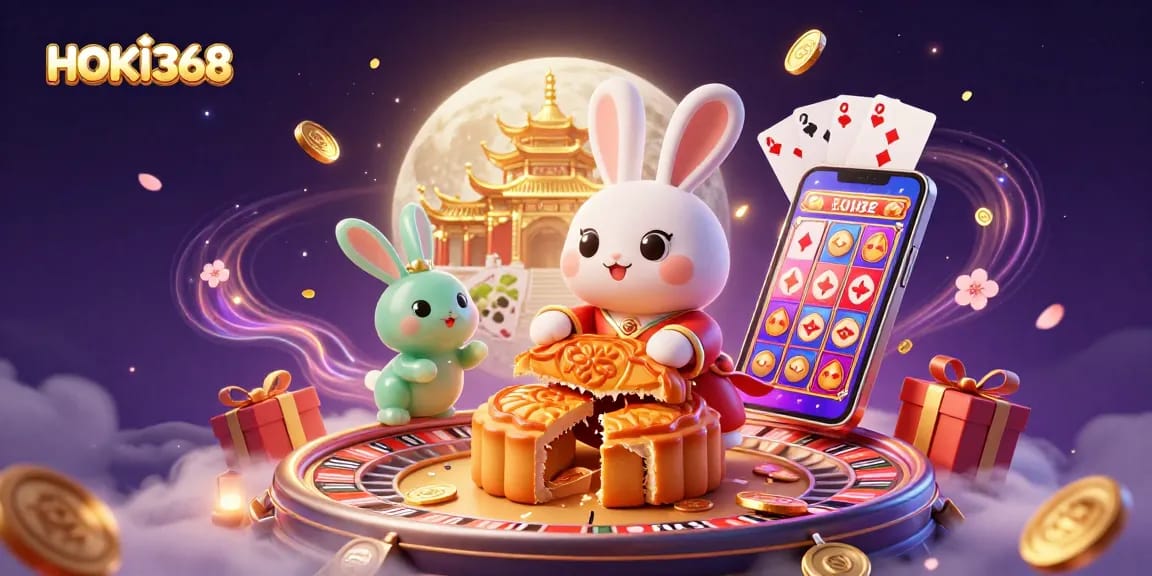 Experience HOKI368 with a magical moon rabbit and thrilling poker action in a vibrant illustration.