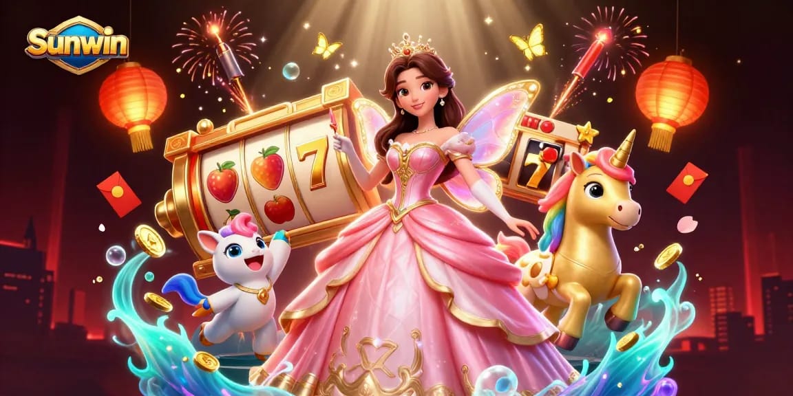 Engage with Sunwin's vibrant 3D illustration featuring spinning slot reels and a glamorous princess in a fantastical casino.