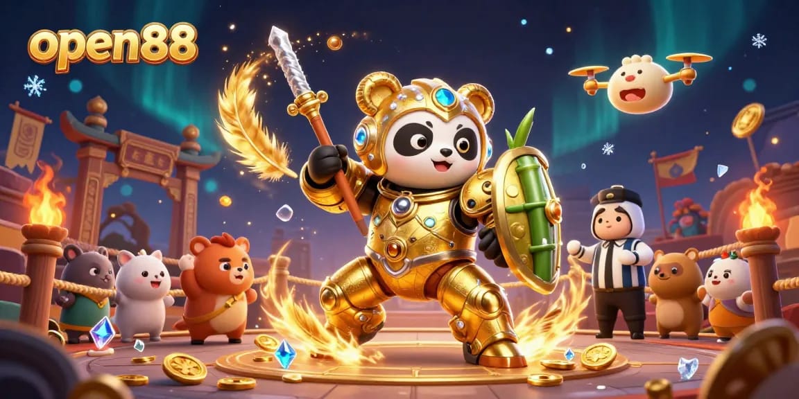 Open88 showcases a thrilling mech-suit panda piloting in an exciting betting arena, surrounded by cheering spectators.