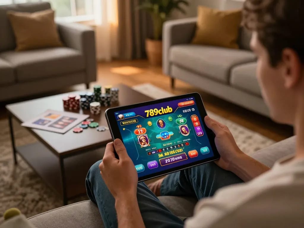 Engaging gameplay scene featuring 789club on a tablet amidst a cozy home setting, illustrating online casino entertainment.