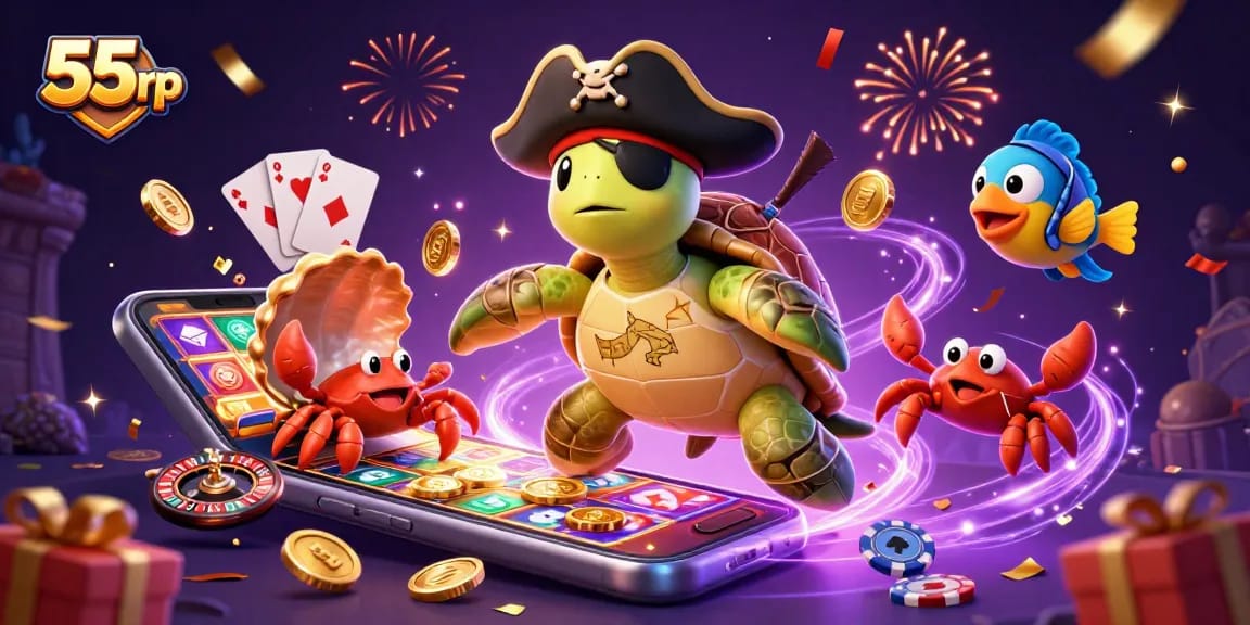 Win exciting jackpots at 55rp with a vibrant casino scene featuring dynamic characters and gaming elements.