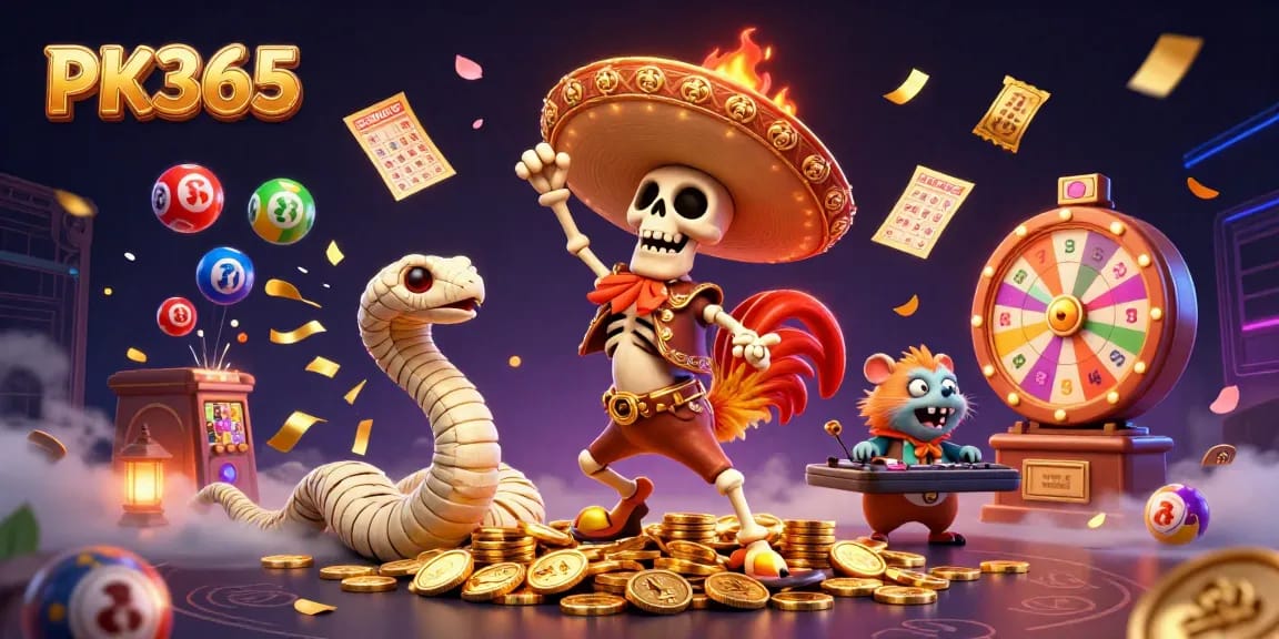 PK365 app shows a vibrant celebration with a mariachi rooster, mummy snake, and DJ hamster amidst winning lottery elements.