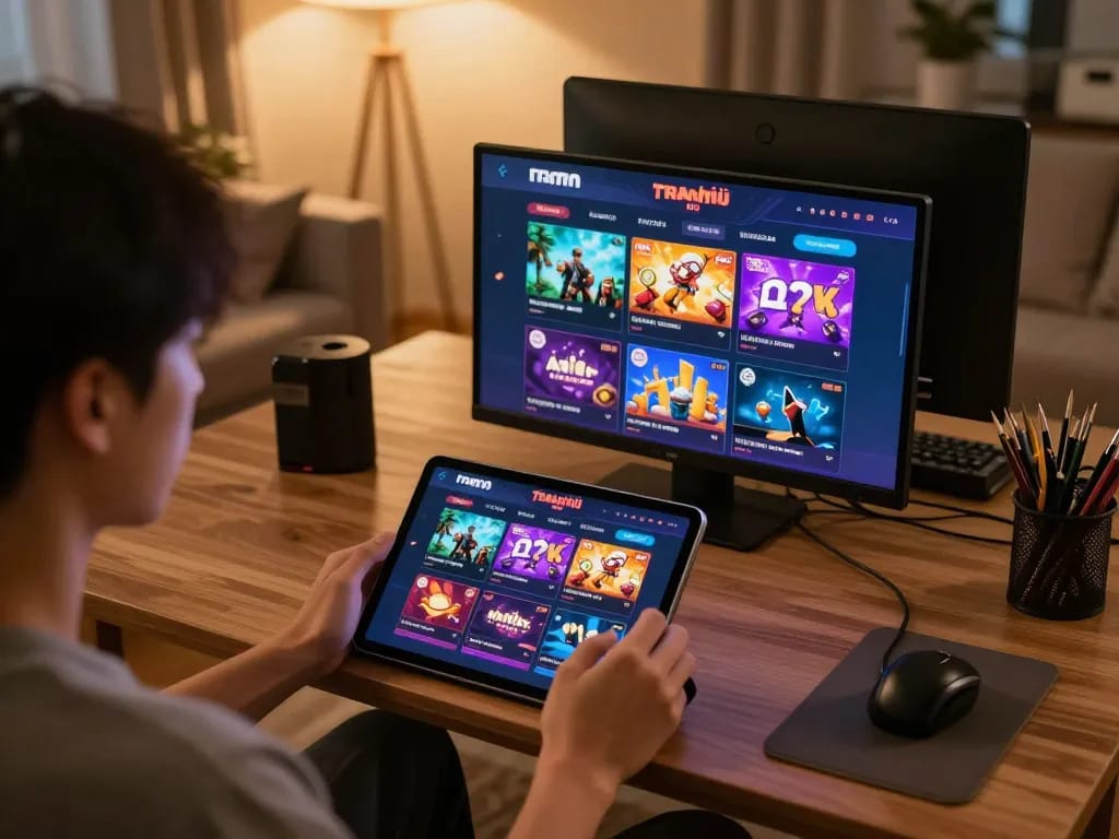 Engaging in online gaming at trang chủ vmax with vibrant game display in a cozy setting.