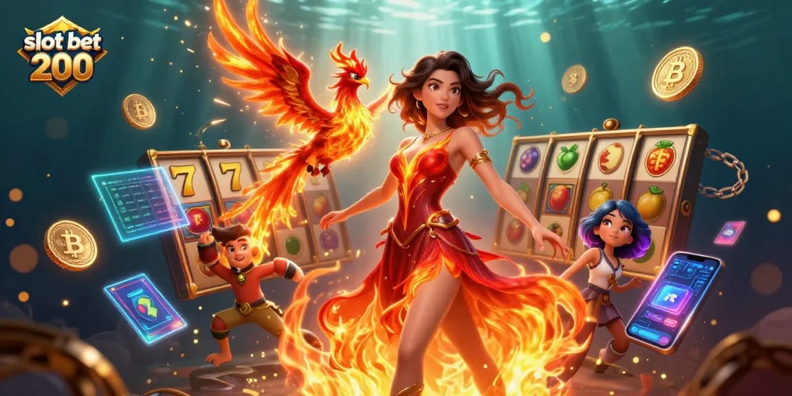 Spin slot bet 200 with vibrant visuals, featuring an Asian woman and fiery phoenix in a dynamic casino scene.