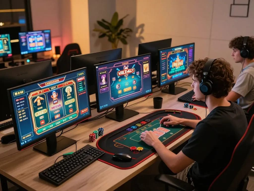 IDNSCORE user engaging in online slot gaming session, surrounded by gaming accessories and strategic tools