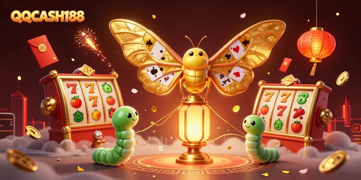 Engage with QQCASH188's vibrant casino world featuring slot reels, cherry blossoms, and golden hues.