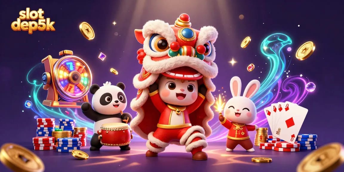 Experience slot depo 5k with vibrant characters and sparkling gems in an engaging 3D casino scene