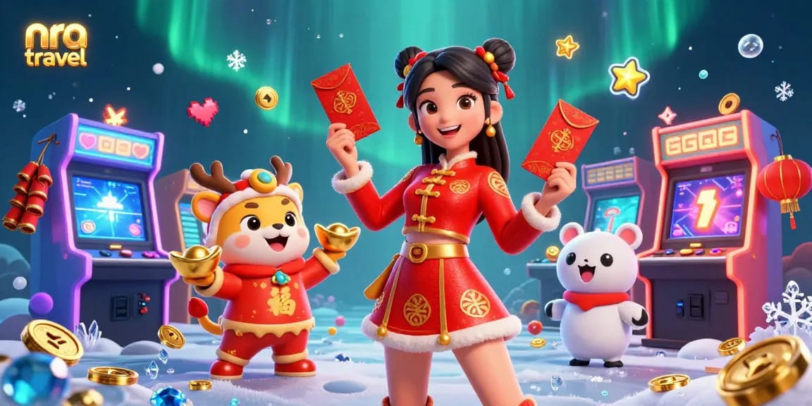 Engage with nra travel's vibrant casino atmosphere featuring festive characters and dynamic gaming elements.