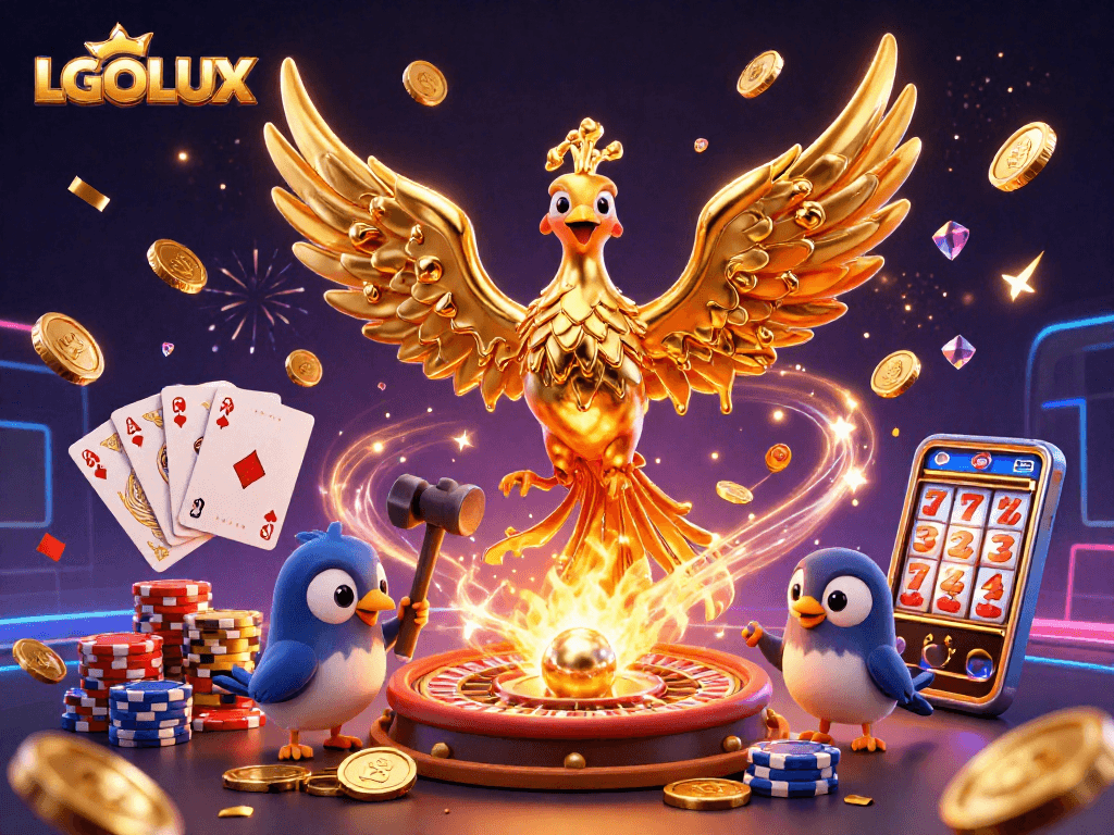 Experience the thrilling slots and casino excitement with LGOLUX's vibrant golden phoenix illustration.
