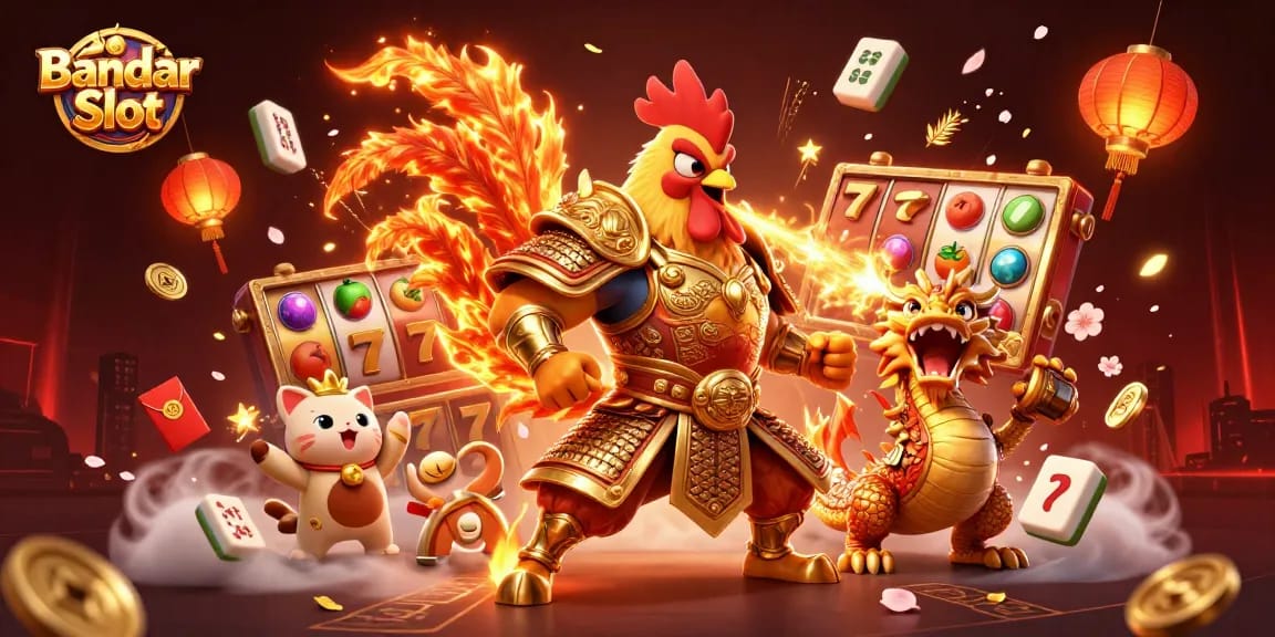 Experience excitement with Bandar Slot as a powerful rooster warrior and dragon hatchling celebrate jackpot wins.
