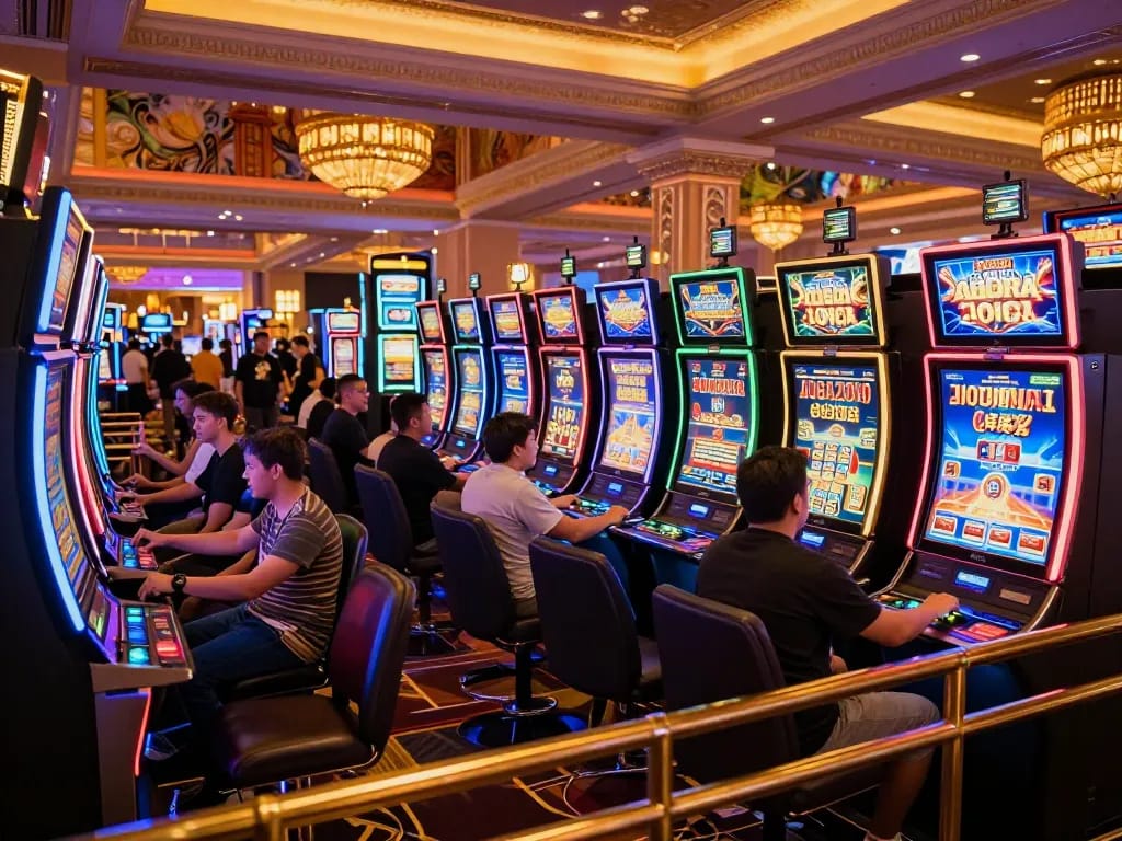 NAGA2000 players celebrating wins at vibrant casino slot machines, creating a thrilling gambling atmosphere.