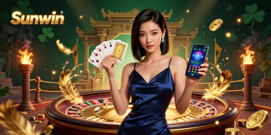 Engage in thrilling casino action with Sunwin as a stylish Asian woman showcases a mobile gaming app amidst dynamic game elements.