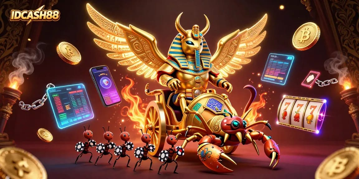 Play thrilling slots with IDCASH88 alongside a golden scarab beetle and glowing coins.