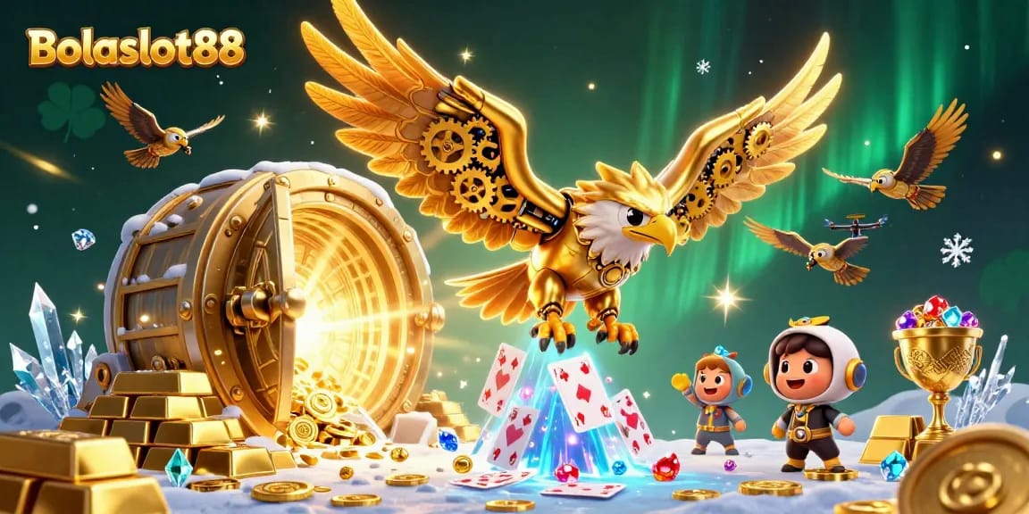 Bolaslot88 artwork showcasing a cybernetic golden eagle amid treasure and holographic cards, creating a dynamic casino scene.