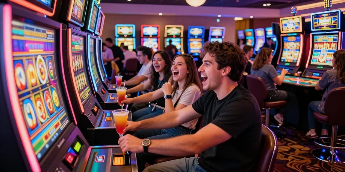 Excited friends playing situs slot machines in a vibrant casino atmosphere, showcasing lively gaming experience.