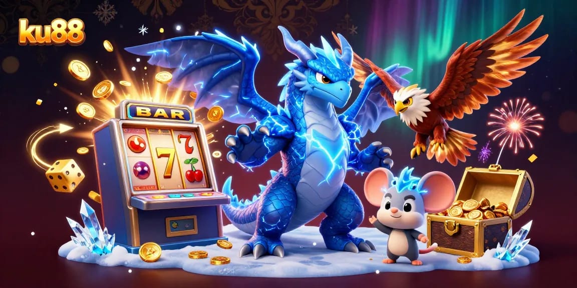Experience ku88’s vibrant gaming world with a dynamic scene featuring 3D characters and casino excitement.