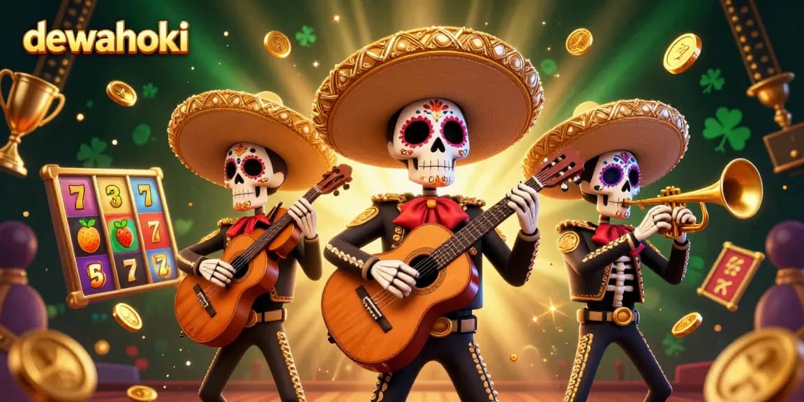 Experience the thrill of dewahoki's slot games with colorful mariachi musicians, vibrant elements, and jackpot excitement.