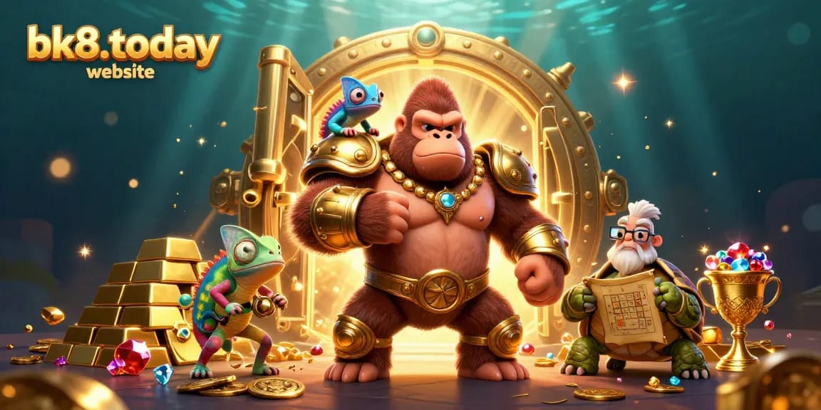 Engaging scene showcasing bk8.today website characters celebrating wealth and gaming achievements amidst treasures in a vibrant casino.