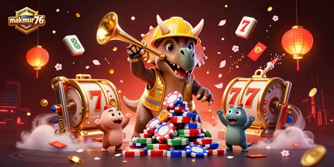 Experience the fun of makmur76 with vibrant casino elements and cartoon characters in a joyful celebration.