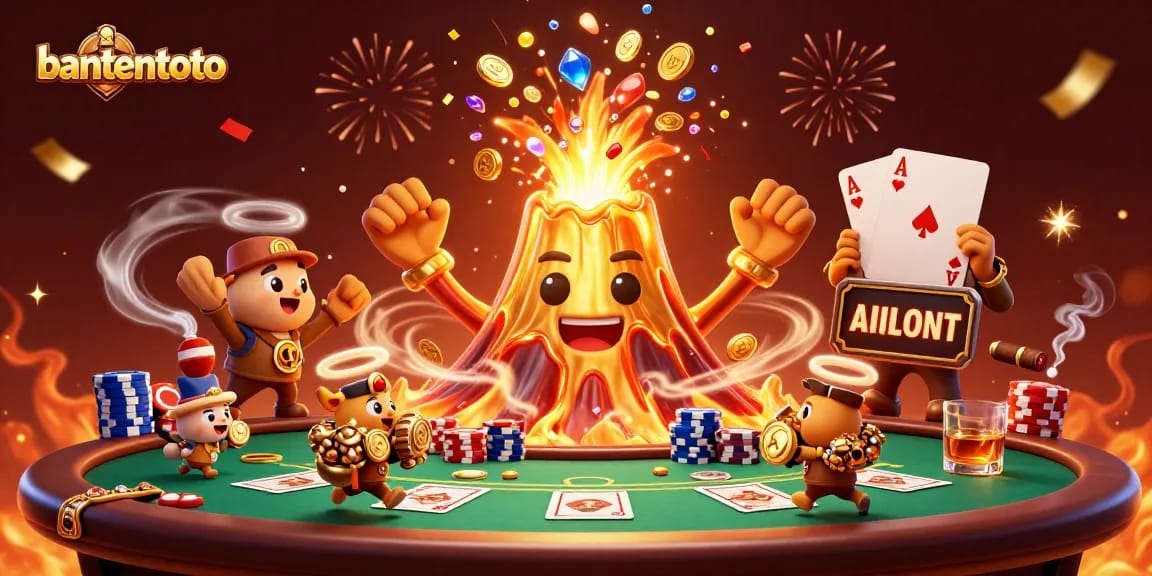 Bantentoto menampilkan gunung berapi emas yang meletus dengan koin dan permata, dikelilingi meja poker dan chip, menciptakan suasana kasino yang meriah.