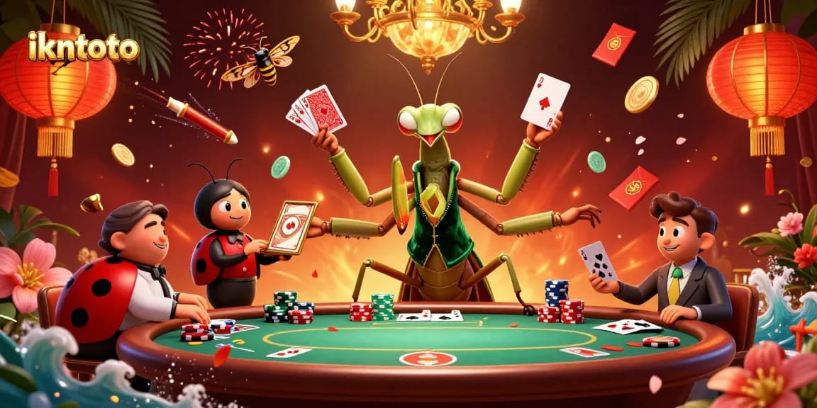 Engage in ikntoto with an illustration of a giant praying mantis card sharp at a vibrant poker game.
