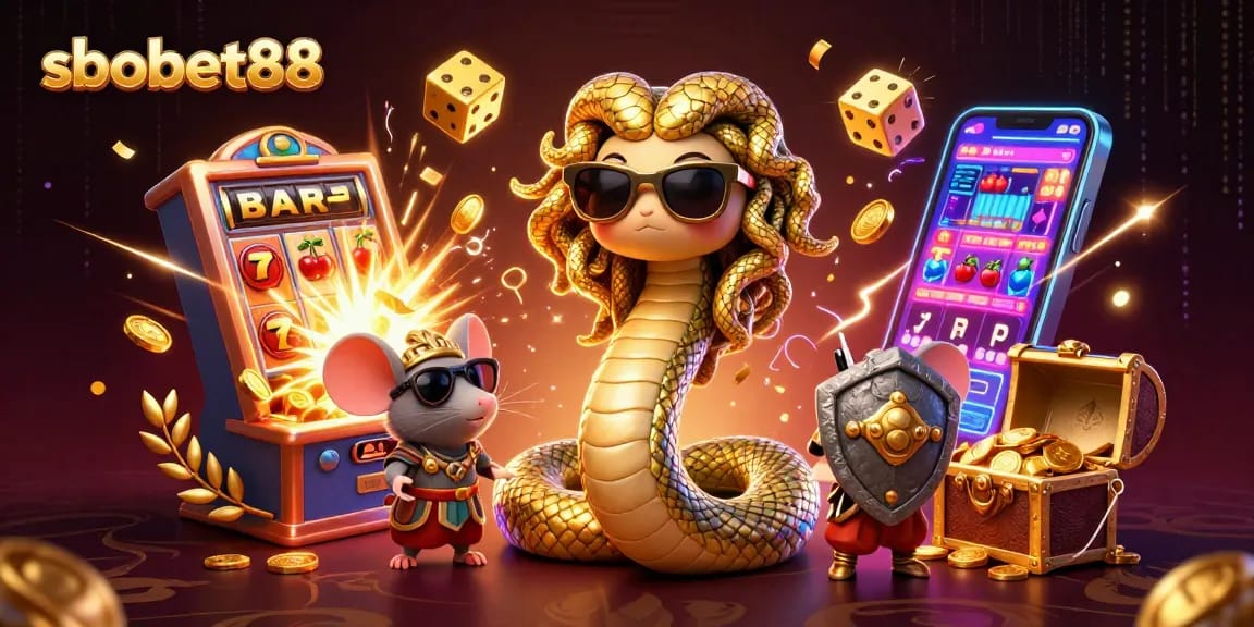 Bet on sbobet88 with a vibrant casino-themed illustration featuring Medusa and rich gaming elements.