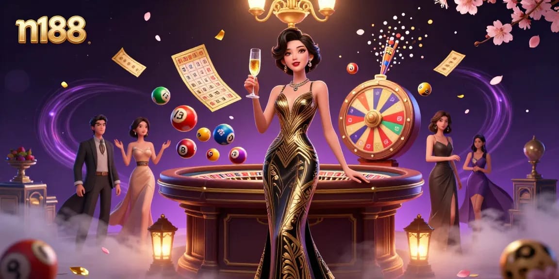 Experience the excitement of n188 with dynamic casino elements and elegant illustration art.