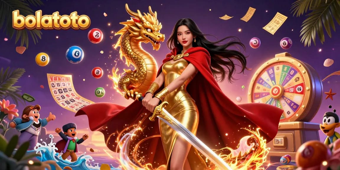 Experience thrilling wins at bolatoto with colorful lottery balls and a warrior queen in a vibrant casino scene.