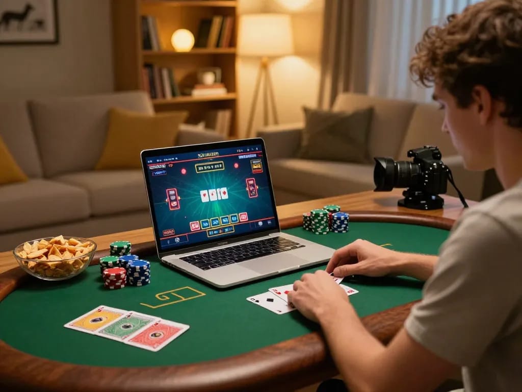 Engaging in strategic online poker gameplay on LLWIN platform in a cozy home setting.