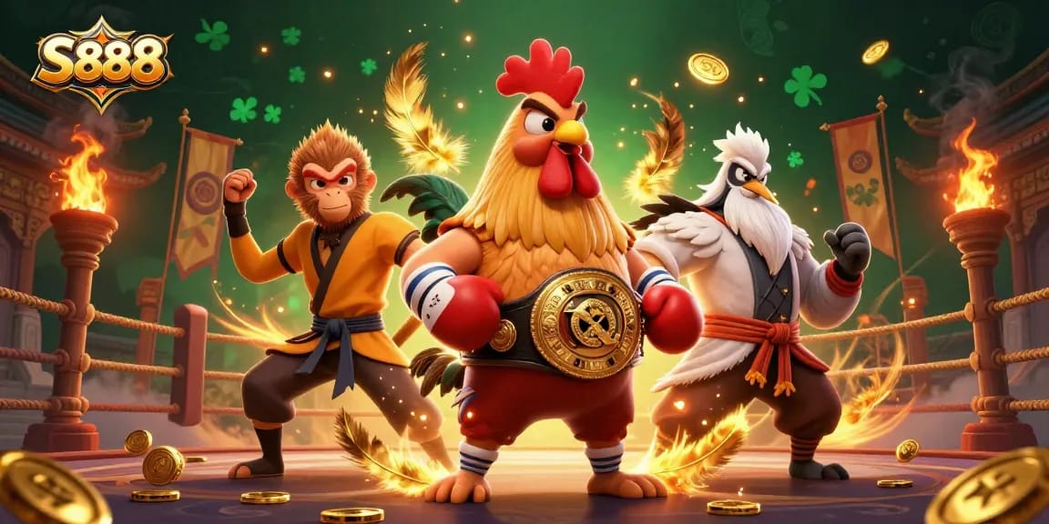 S888 captures intense action with a fierce Muay Thai rooster and martial artists in a vibrant casino scene