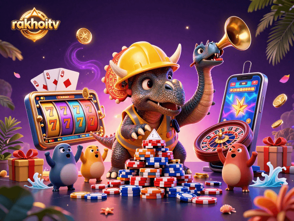 Join rakhoitv's fun, celebrating a colorful casino scene with lively characters and gaming elements.