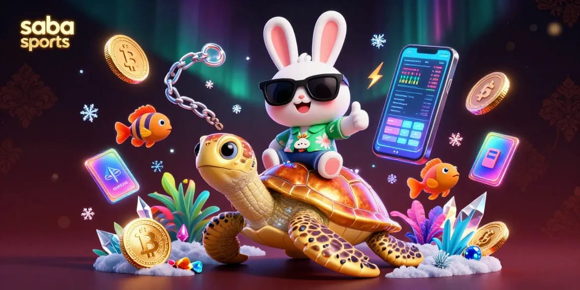 Engage in thrilling betting with saba sports as the lucky rabbit rides a golden turtle amidst vibrant game elements.