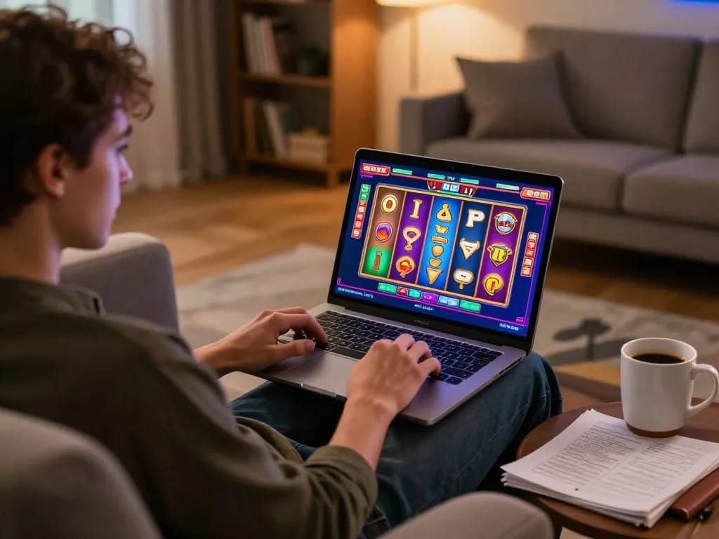 Player enjoying an online casino game at home, focusing on bj88bj slot machine interface.