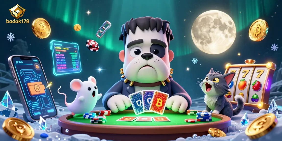 Engage in thrilling slots with badak178, featuring a whimsical bulldog dealer and crypto elements.