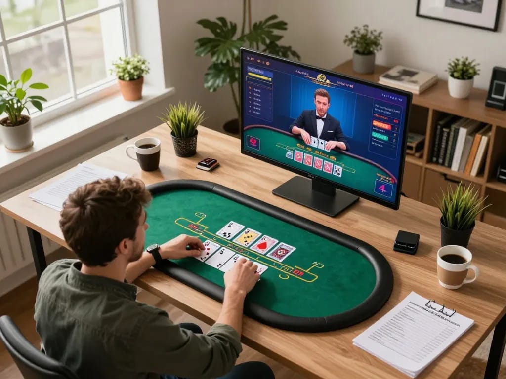 UG88 offers exciting online blackjack gameplay in a cozy home setting, showcasing strategic betting.