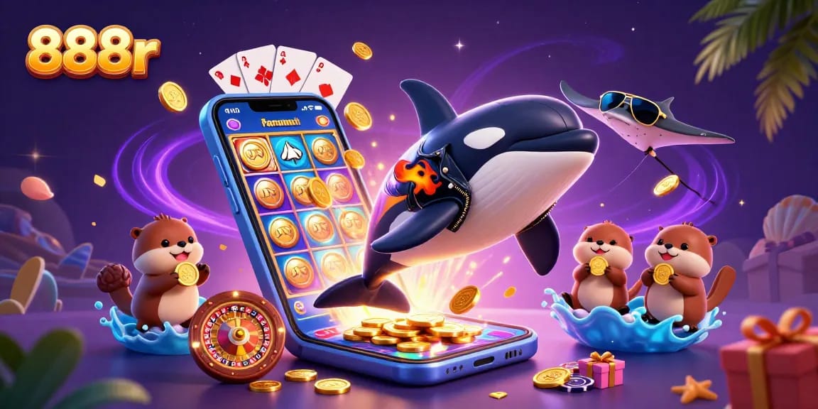 Engage with slot games on 888r as an orca jumps amidst sea creatures and coins.