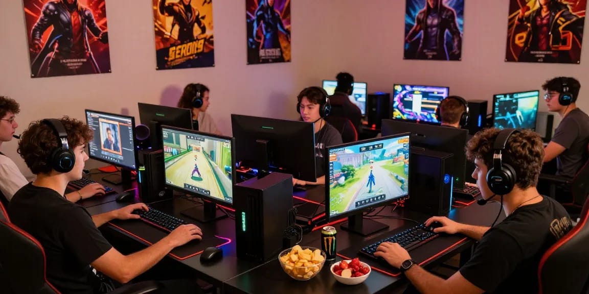 Diverse gamers immersed in thrilling gameplay with sc88 setup, vibrant RGB lighting, and engaging snacks.